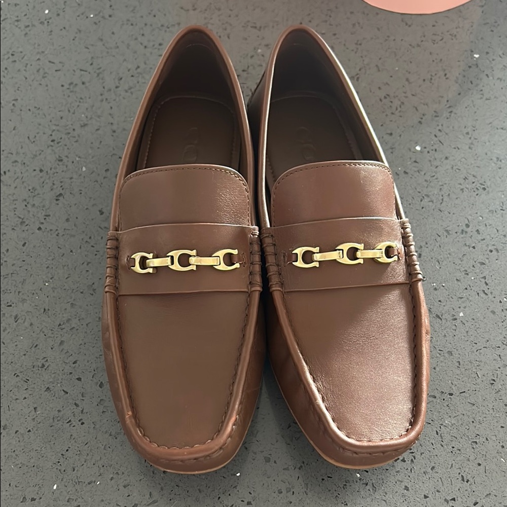 Brown Leather Loafers with Gold Accent
